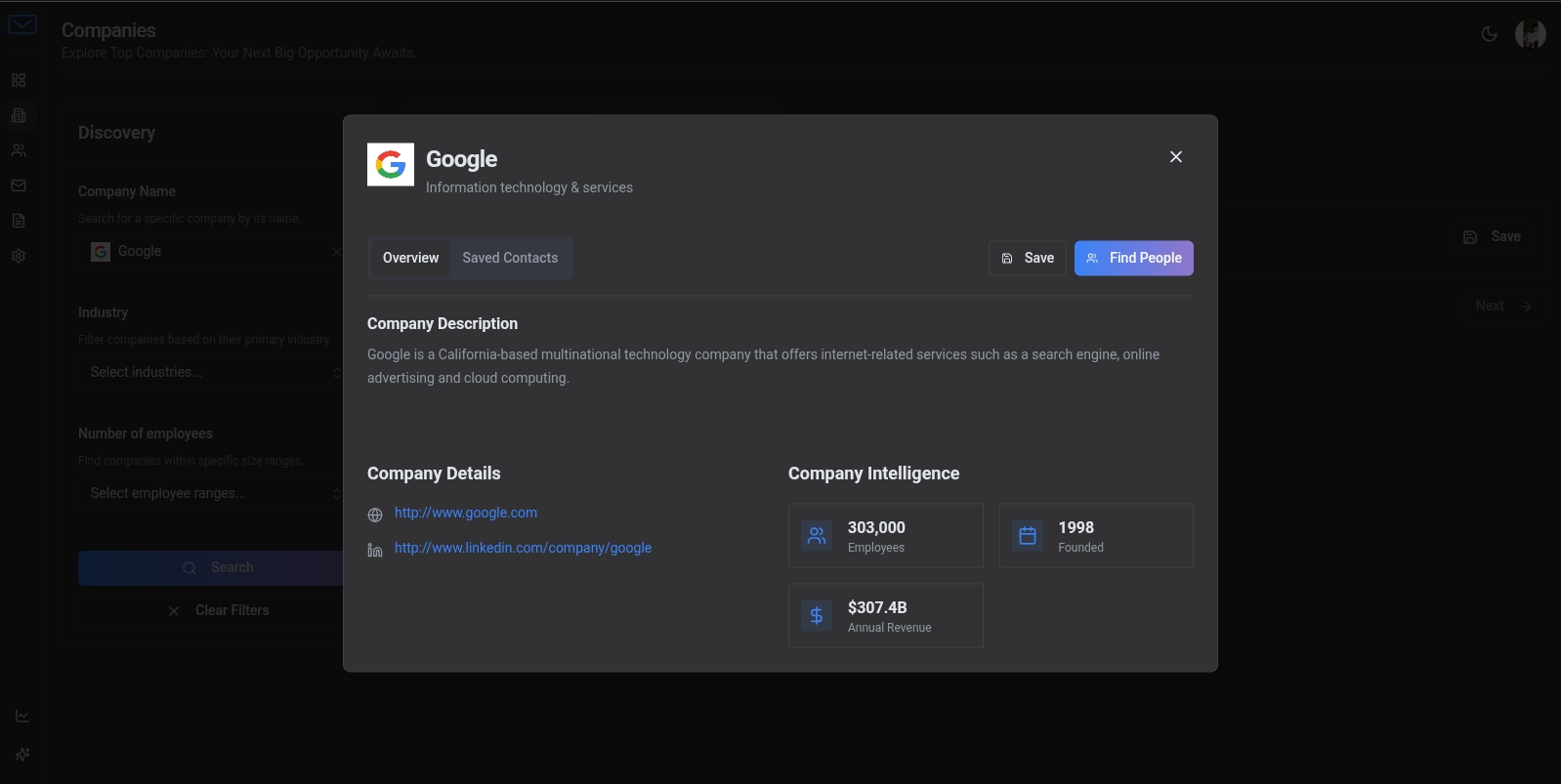 A screenshot of the application's discovery feature, showing search filters and company results.