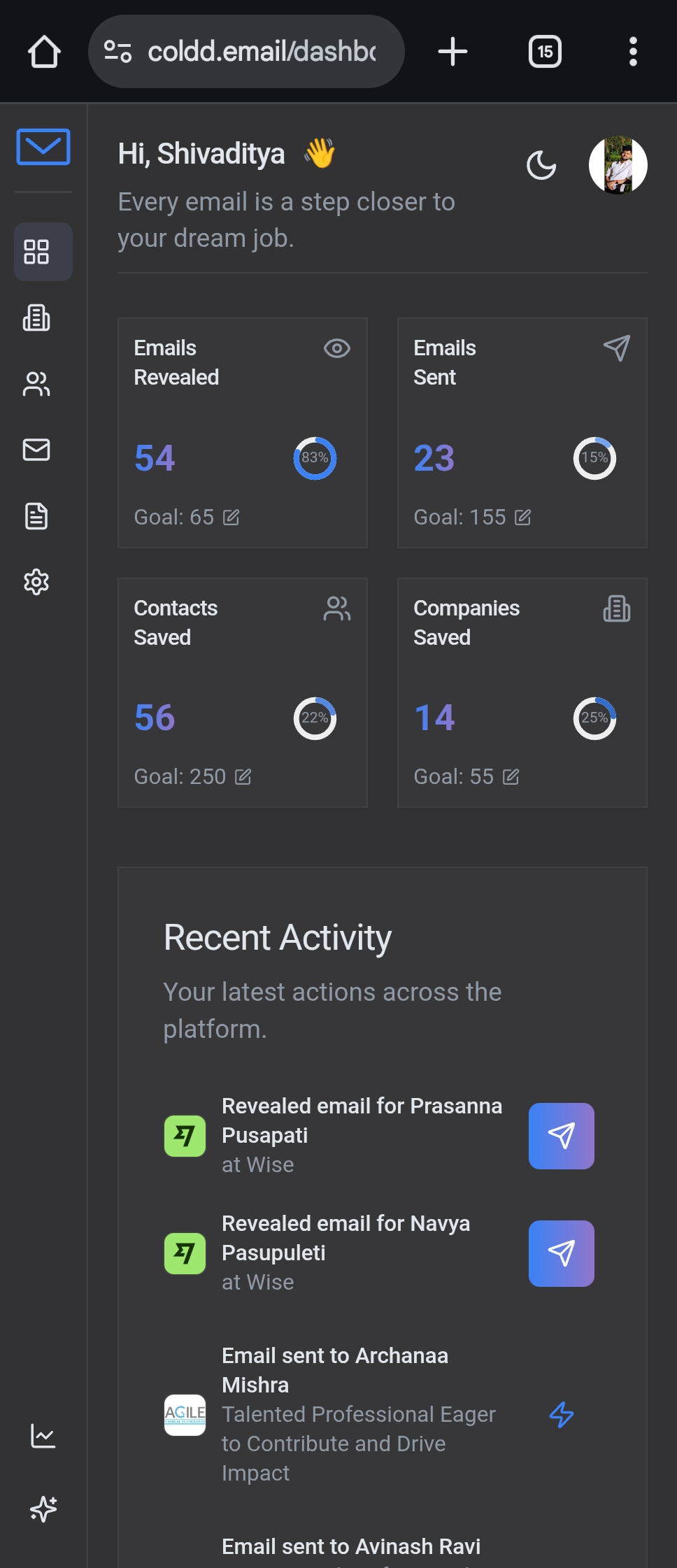 Screenshot of the Coldd.email application showing company discovery